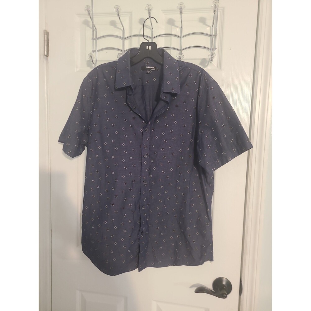 dark blue Murano slim-fit men's button-down shirt with a small geometric star pa